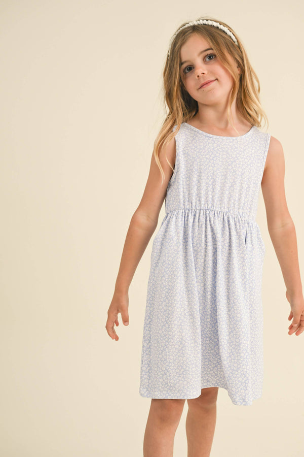 Sleeveless Tie Back Dress- Blue Floral