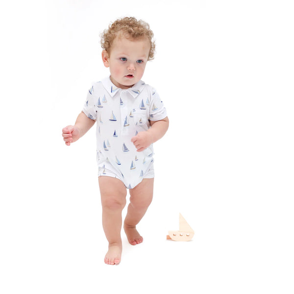Sailboats Blue Polo Romper