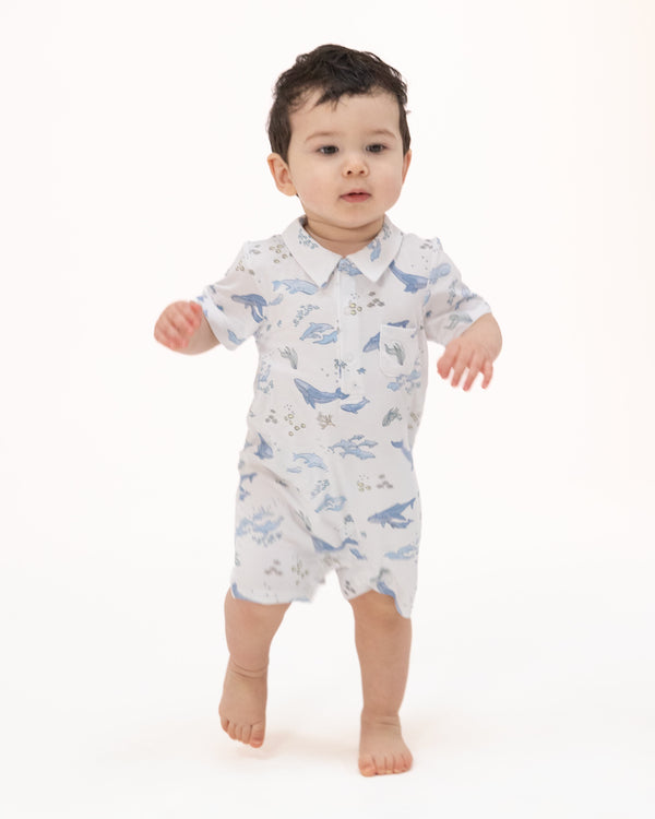 Watercolor Blue Whales Polo Romper