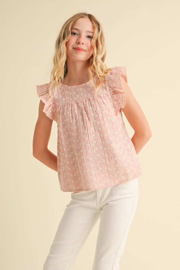 Eyelet Ruffle Top W/ Lace Tie Back