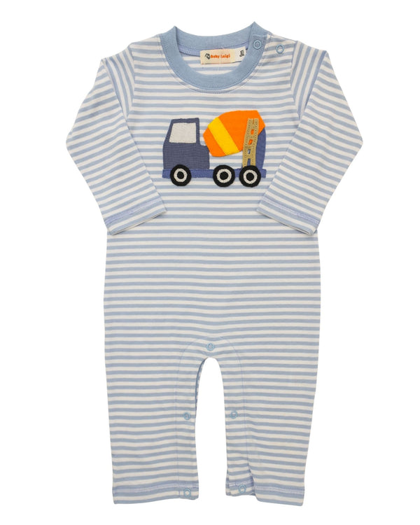 Cement Truck Romper- Sky Blue Stripe