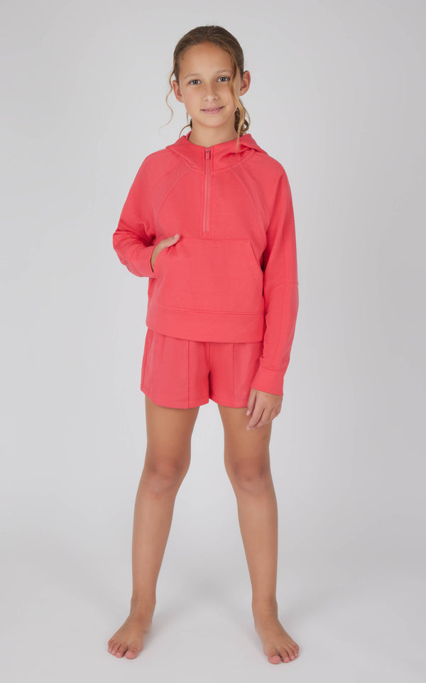 Terry Half Zip Hoodie Short Set- Calypso Coral