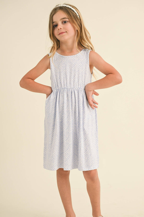 Sleeveless Tie Back Dress- Blue Floral