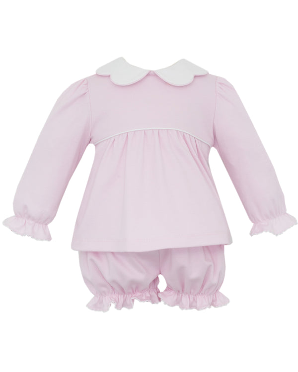 Scalloped Collar L/S Knit Bloomer Set- Pink