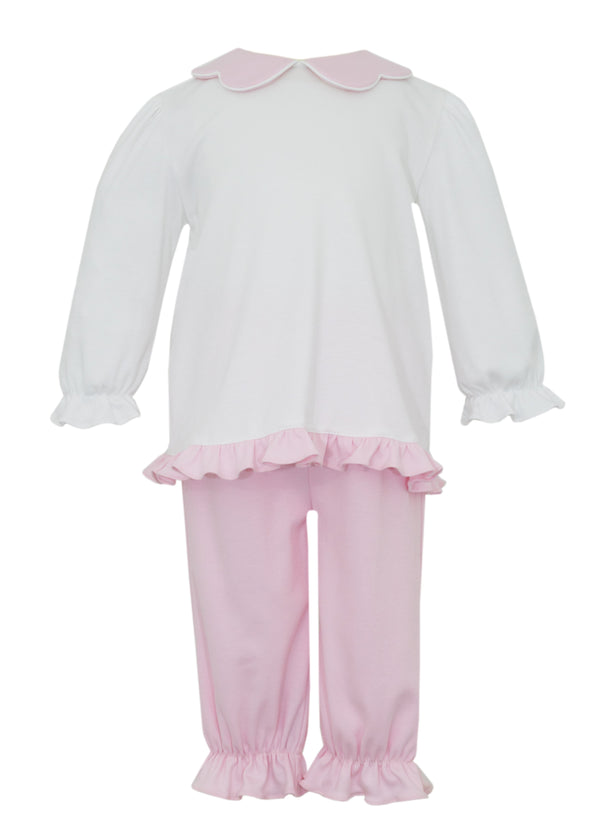 Scalloped Collar L/S Knit Pant Set- Pink