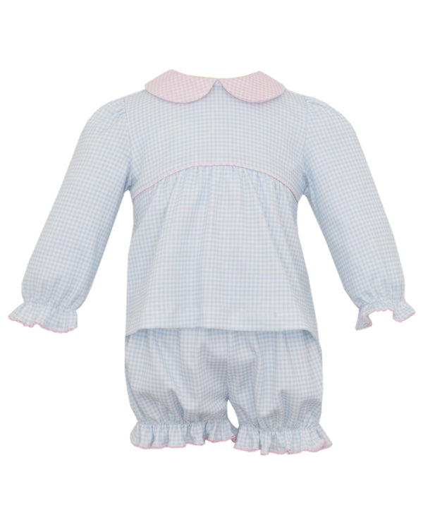 Lt. Blue Gingham L/S Knit Bloomer Set W/Pink Collar