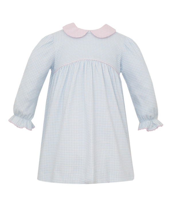 Lt. Blue Gingham Knit L/S Dress W/Pink Collar