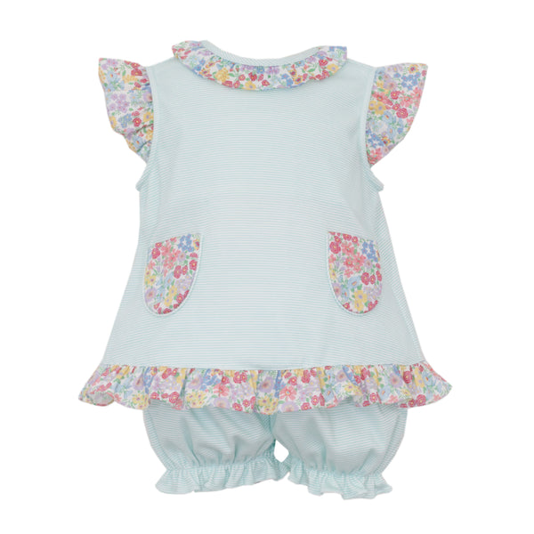 Aqua Stripe W/ Multi Floral Knit Bloomer Set