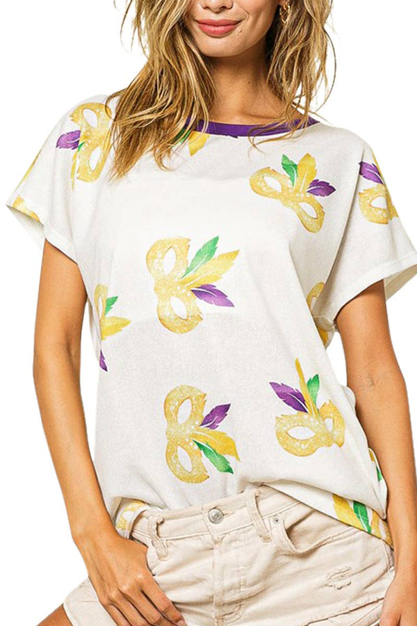 Mardi Gras Mask Contrast Neck Top