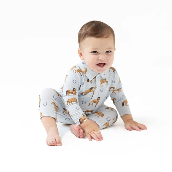 Horses L/S Cowboy Romper- Endless Sky Blue