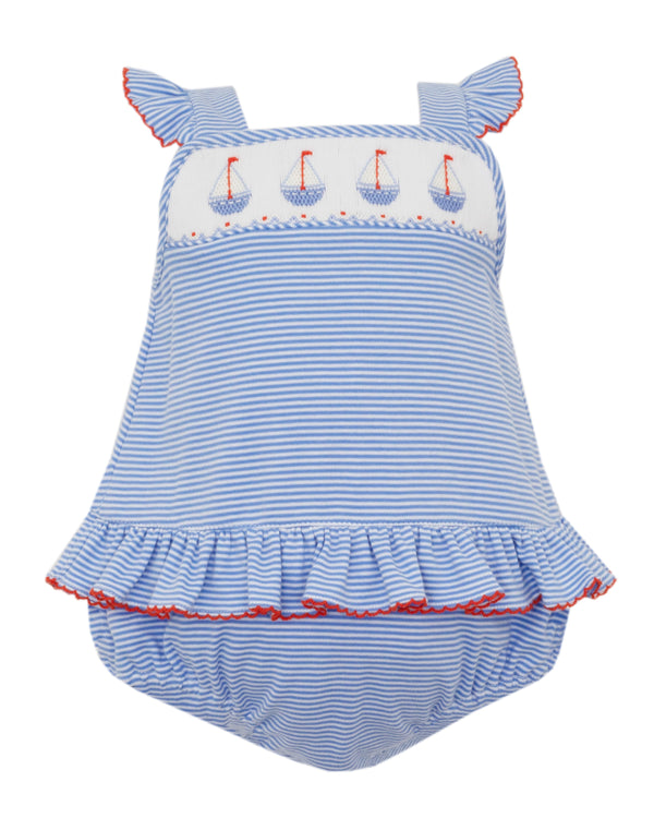 Sailboats Knit Sunsuit- Periwinkle Blue Stripe