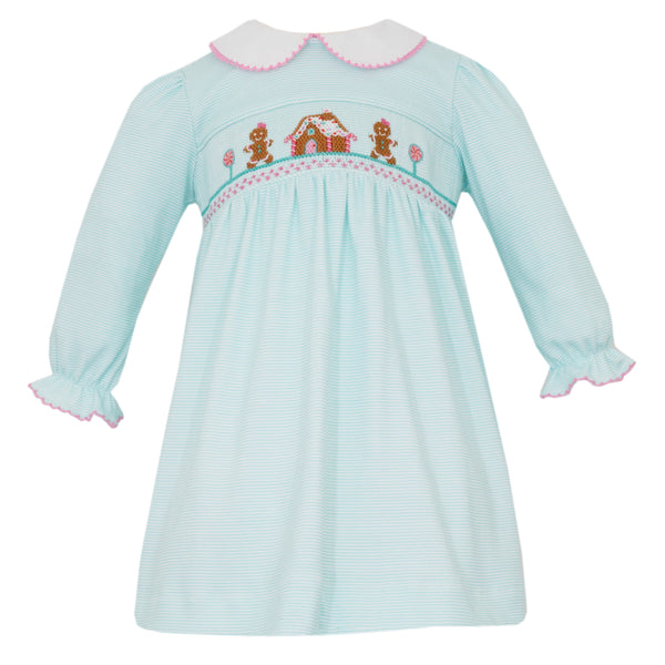 Gingerbread House Knit Dress- Aqua Stripe