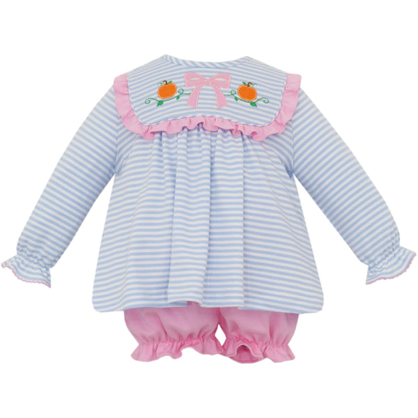 Pumpkin W/ Bow Knit Bloomer Set- Blue Stripe
