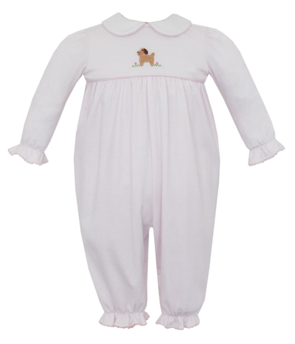 Puppies Knit Romper- Pink Stripe