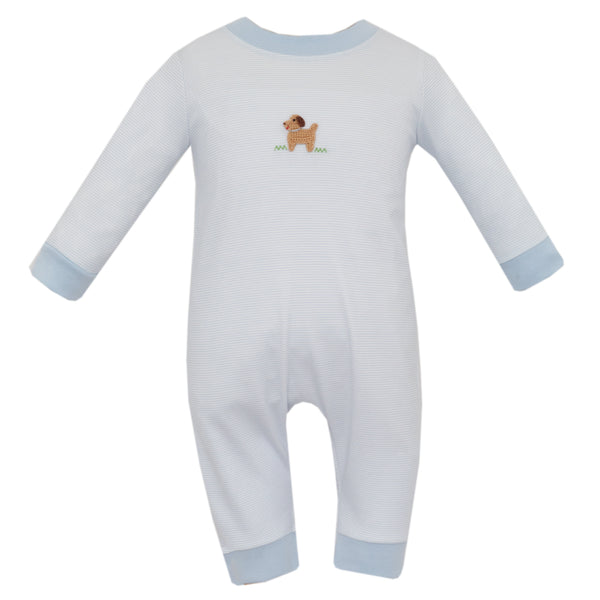 Puppies Knit Romper- Lt. Blue Stripe