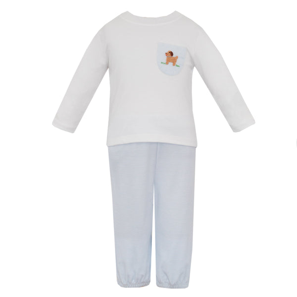 Puppies Knit Pant Set- Lt. Blue Stripe