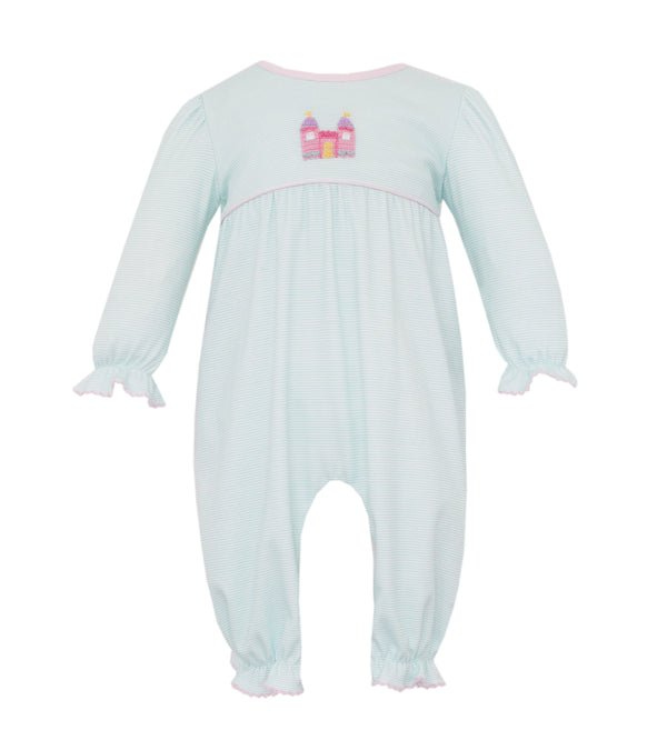 Princess Castle Knit L/S Romper- Aqua Stripe