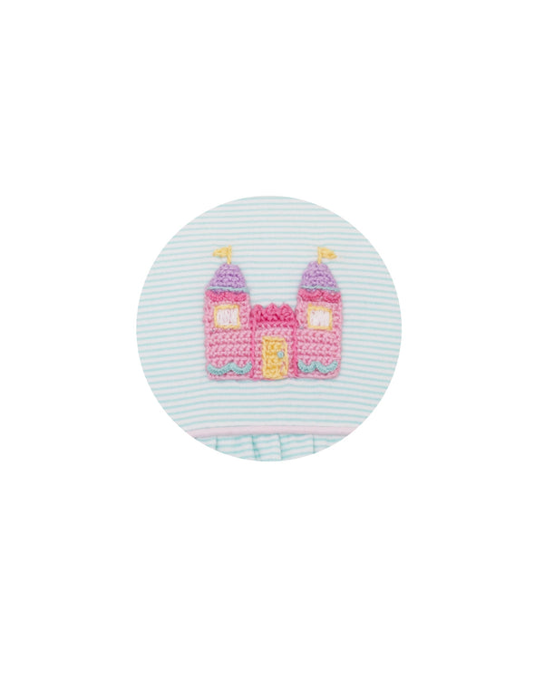 Princess Castle Knit L/S Romper- Aqua Stripe
