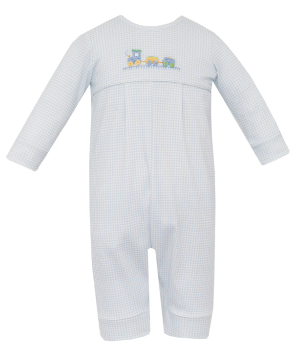 Train Knit Romper- Lt. Blue Gingham
