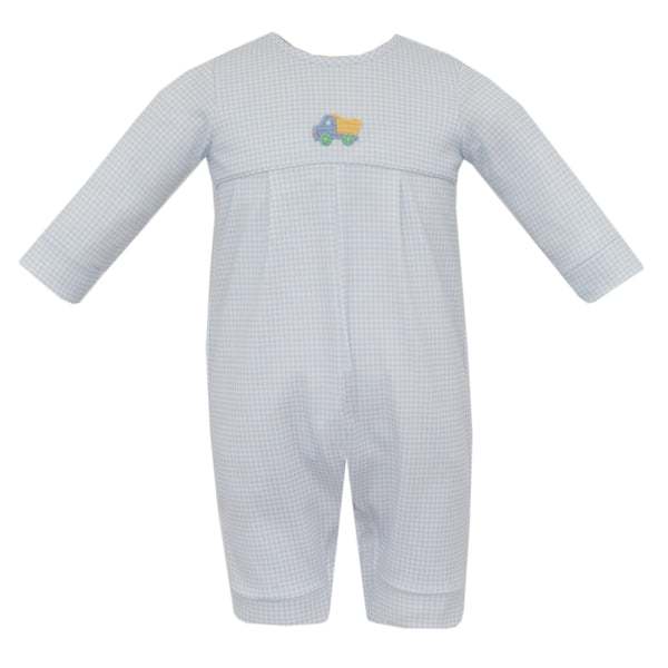Dump Truck Knit Romper- Lt. Blue Gingham