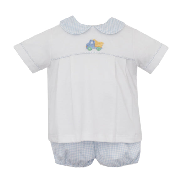 Dump Truck Bloomer/Short Set- Lt. Blue Gingham