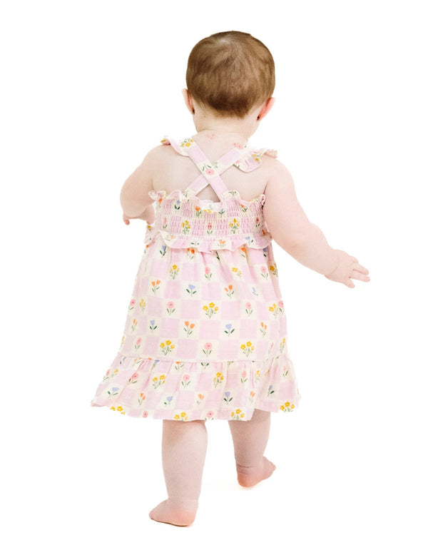 Floral Check Smocked Ruffle Sundress- Pink