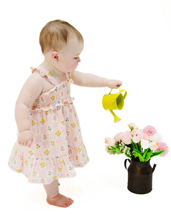 Floral Check Smocked Ruffle Sundress- Pink