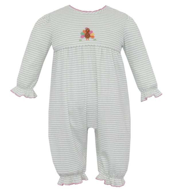 Turkey Knit Ruffle Romper- Green Stripe
