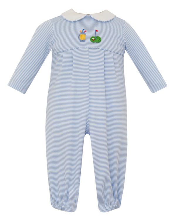 Golf Knit L/S Romper- Lt. Blue Stripe