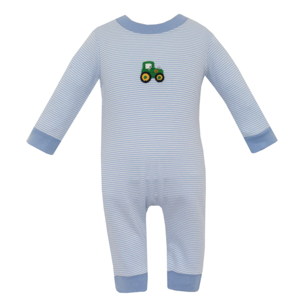 Tractor Knit L/S Romper- Blue Stripe
