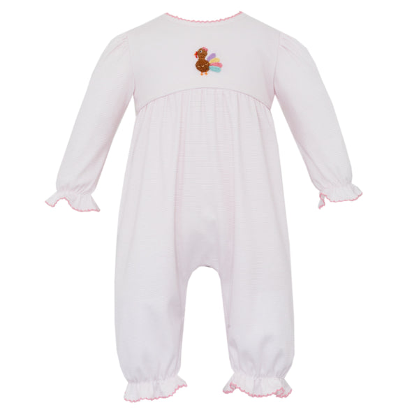 Turkey Knit L/S Romper- Pink Stripe