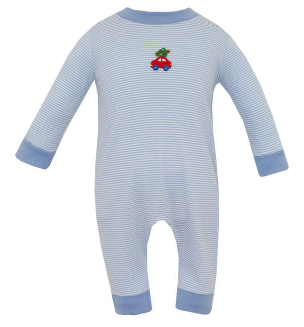 Car W/ Tree Knit Romper - Blue Stripe