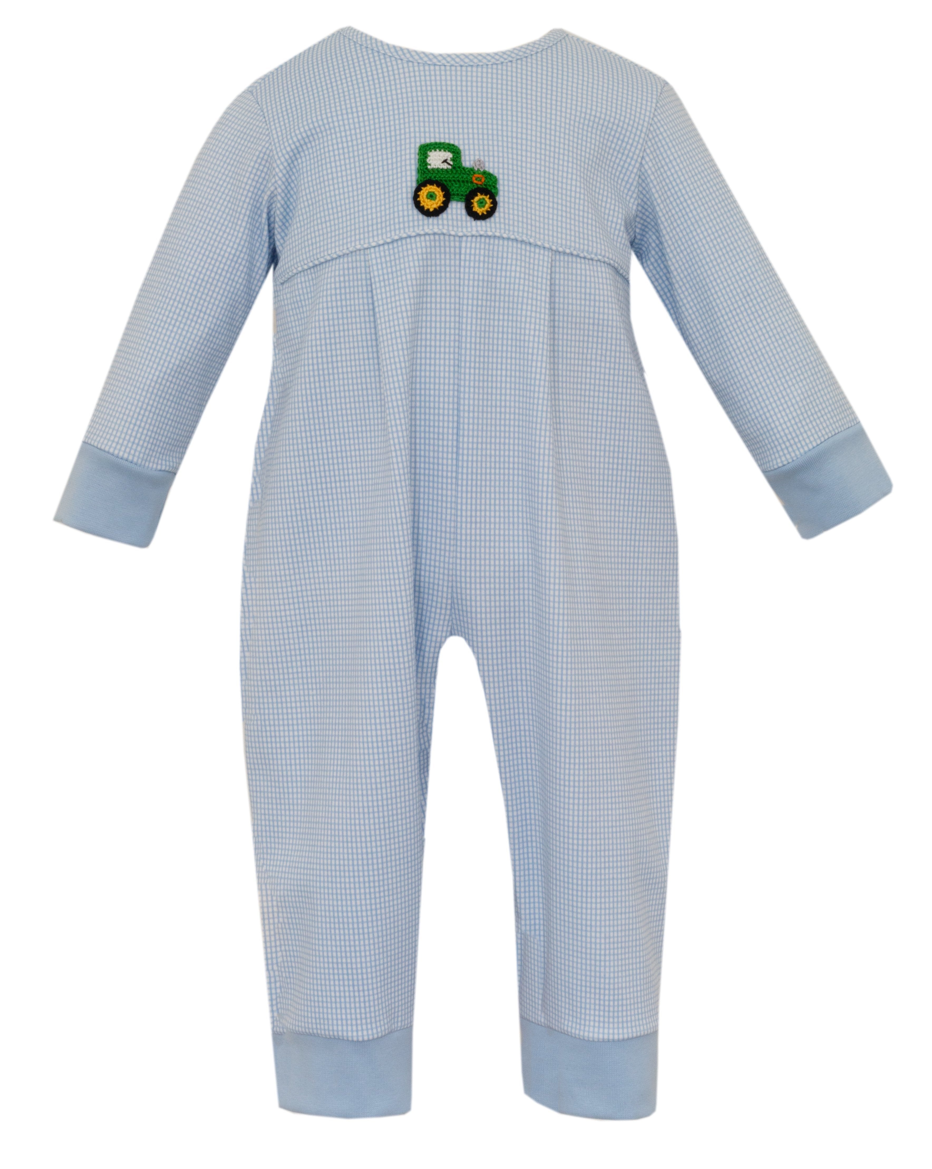 Petit Bebe Boys Blue Check Jon Jon - Smocked Apple Construction Trucks main image 0