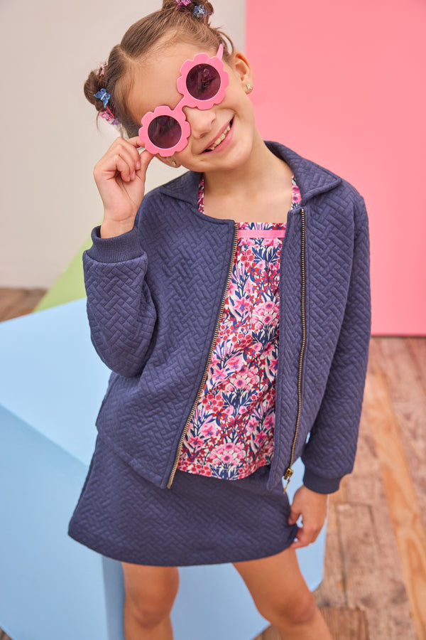 Quilted Mini Skirt- Navy Trellis