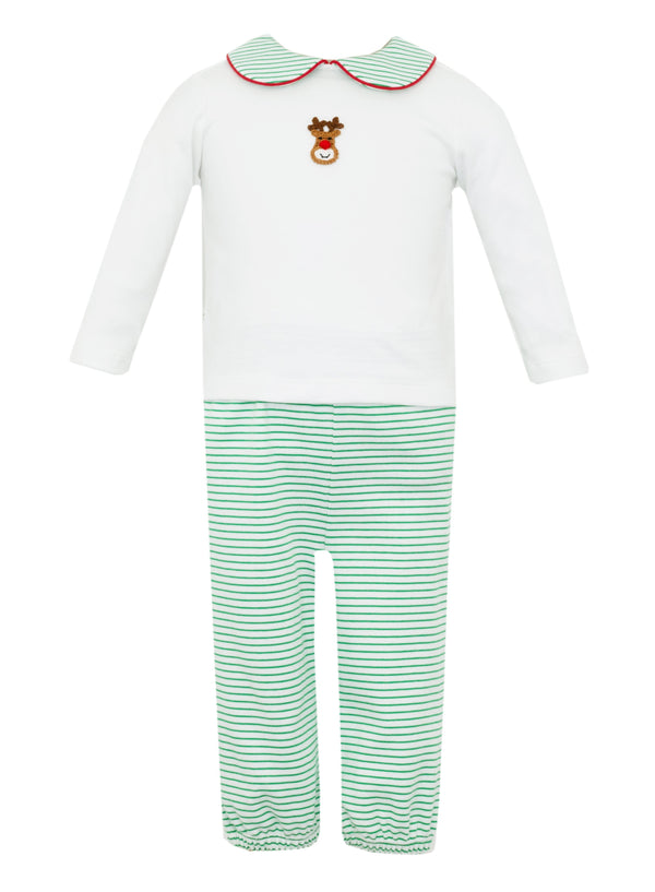 Reindeer Face Knit Pant Set- Green Stripe