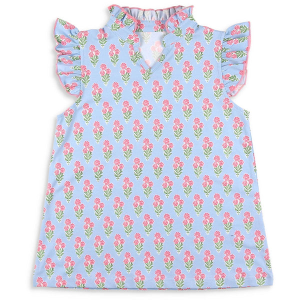 Coral Bouquet Ruffle Neck Top