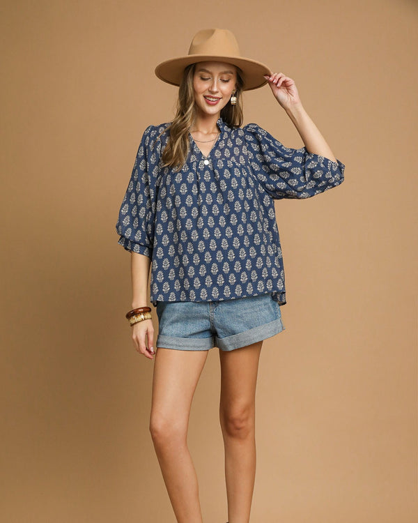 Floral Print V-Split Blouse- Blue/Cream