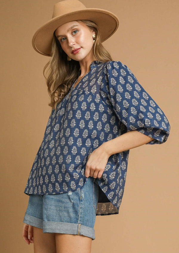 Floral Print V-Split Blouse- Blue/Cream