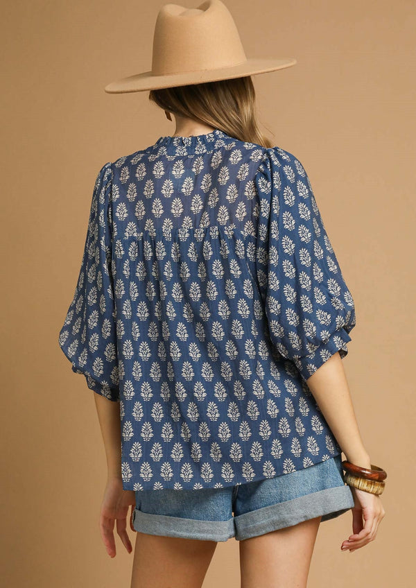 Floral Print V-Split Blouse- Blue/Cream