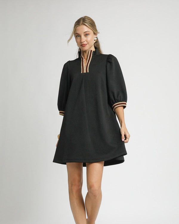 High Neck Jacquard Dress- Black