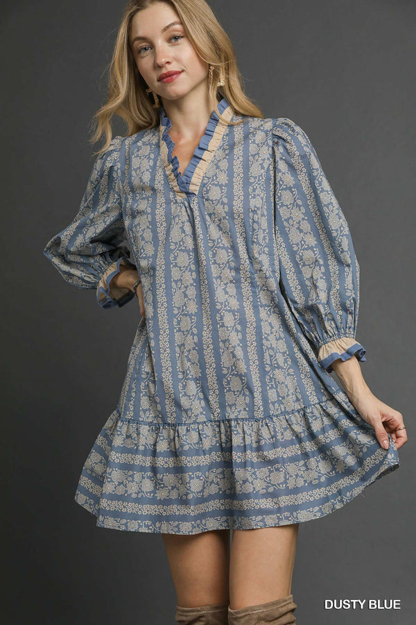 Floral Stripe Ruffle Trim Dress- Dusty Blue