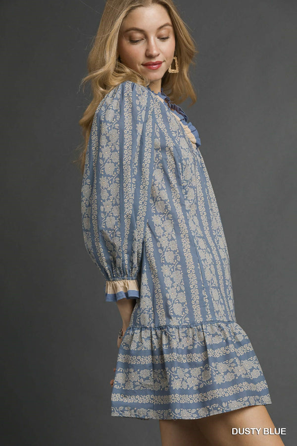 Floral Stripe Ruffle Trim Dress- Dusty Blue