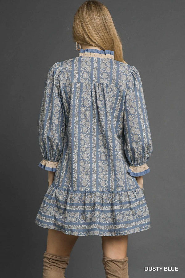 Floral Stripe Ruffle Trim Dress- Dusty Blue
