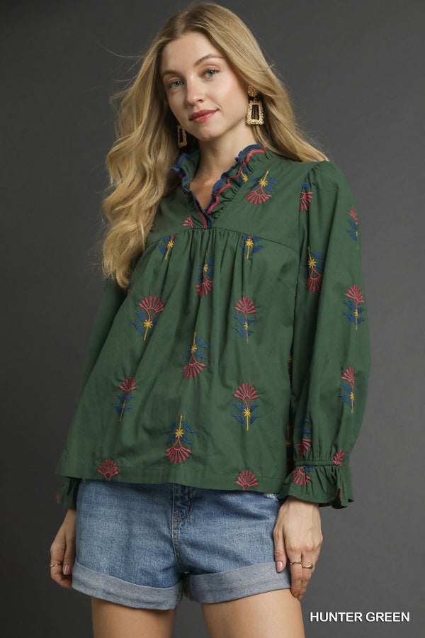 Embroidered Floral Ruffle Blouse- Hunter Green