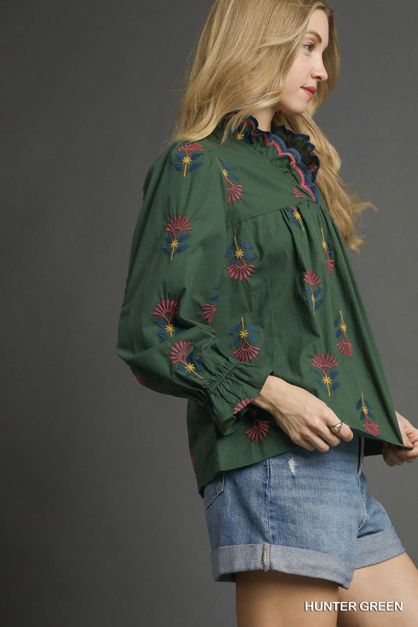 Embroidered Floral Ruffle Blouse- Hunter Green