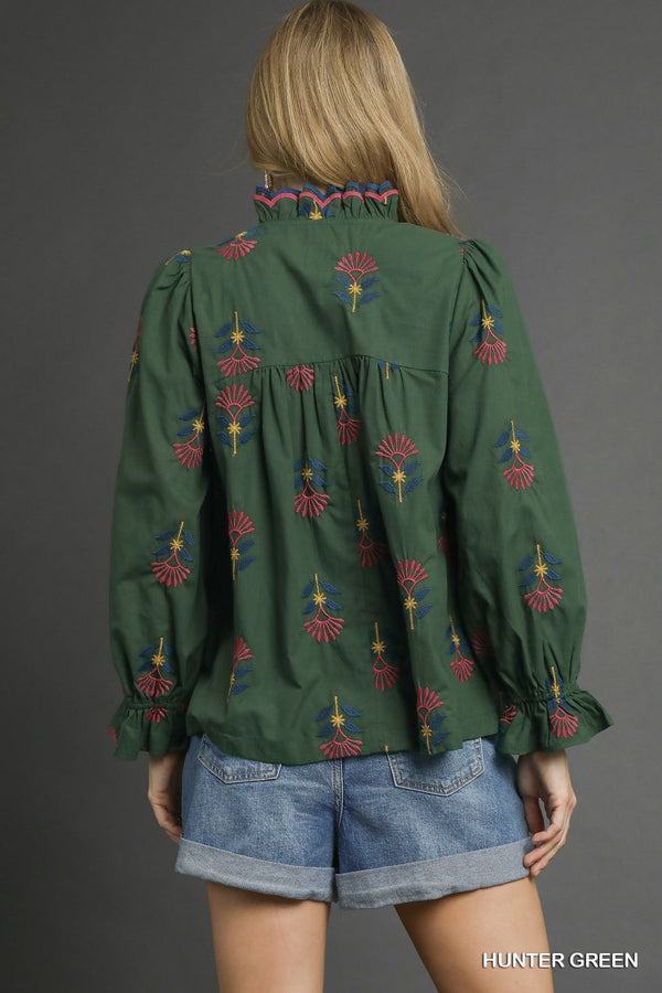 Embroidered Floral Ruffle Blouse- Hunter Green