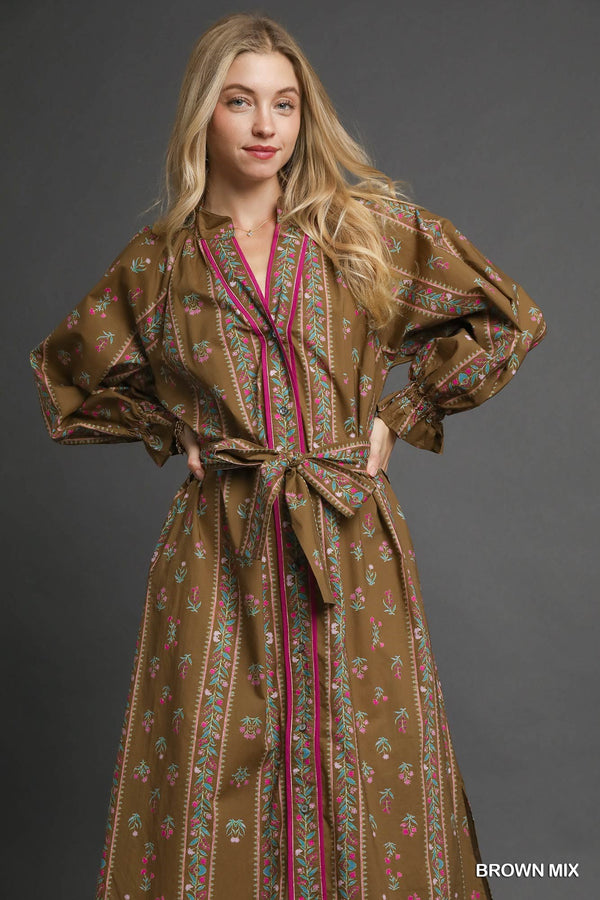 Mix Floral Stripe Maxi Dress- Brown Mix