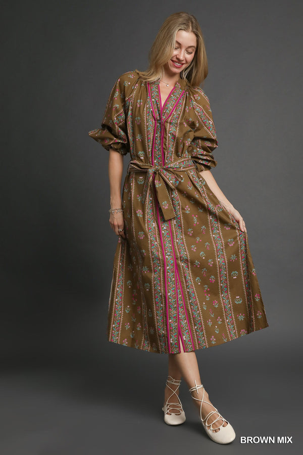 Mix Floral Stripe Maxi Dress- Brown Mix