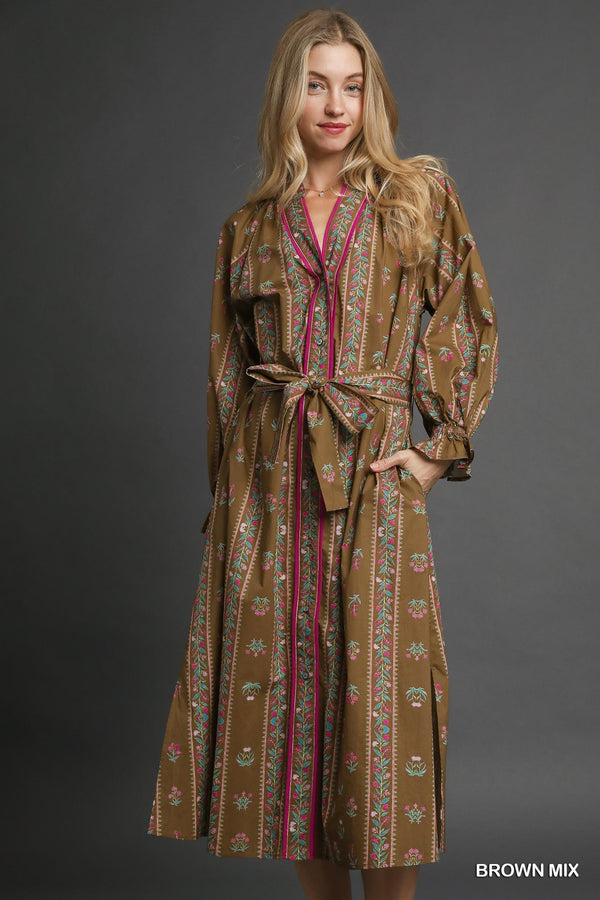 Mix Floral Stripe Maxi Dress- Brown Mix