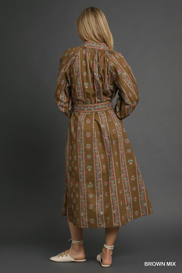 Mix Floral Stripe Maxi Dress- Brown Mix